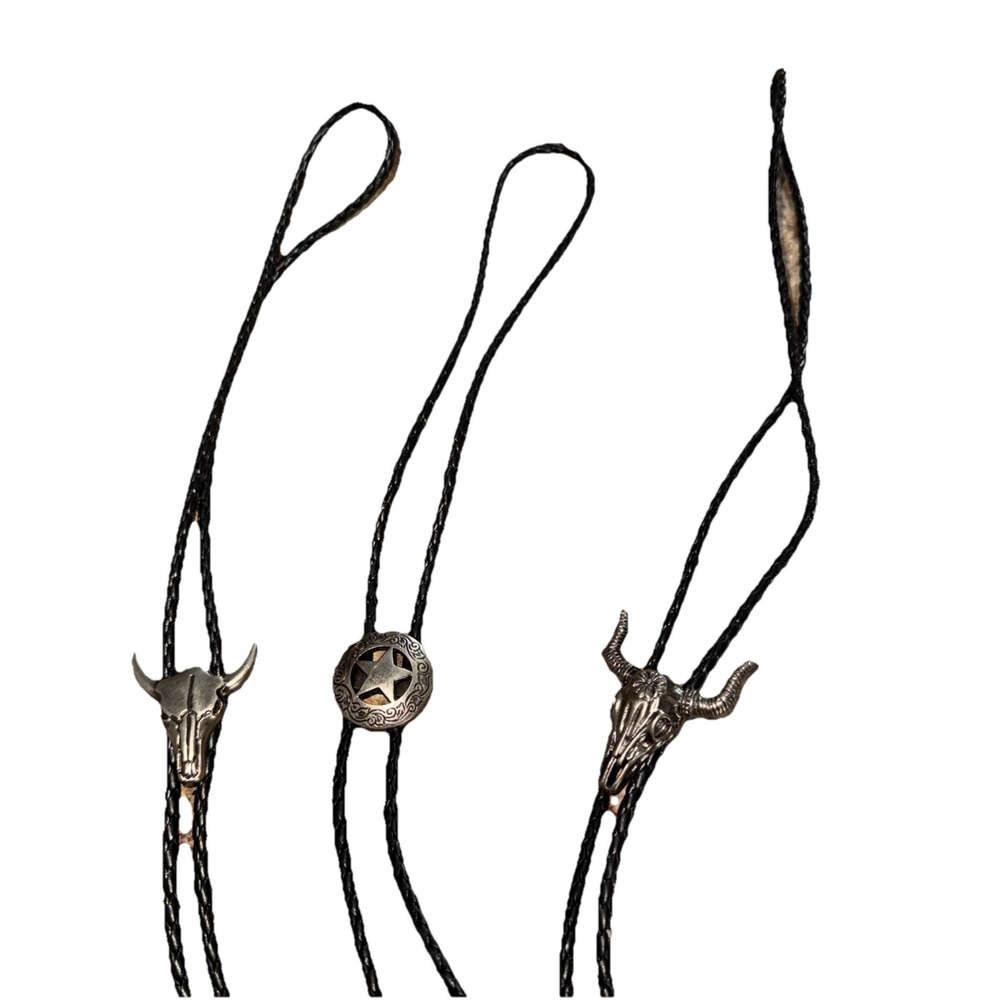 Lot of 3 Western Bolo Ties Longhorn Steer Skull Texas Star Black Braided Cord